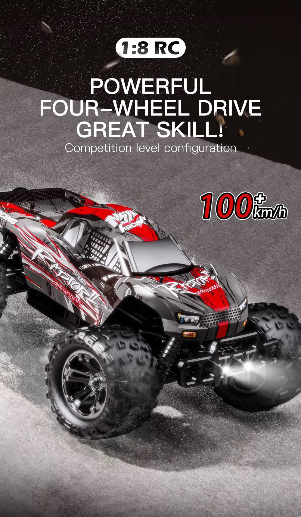 Red and black remote control monster truck with text on a dark background