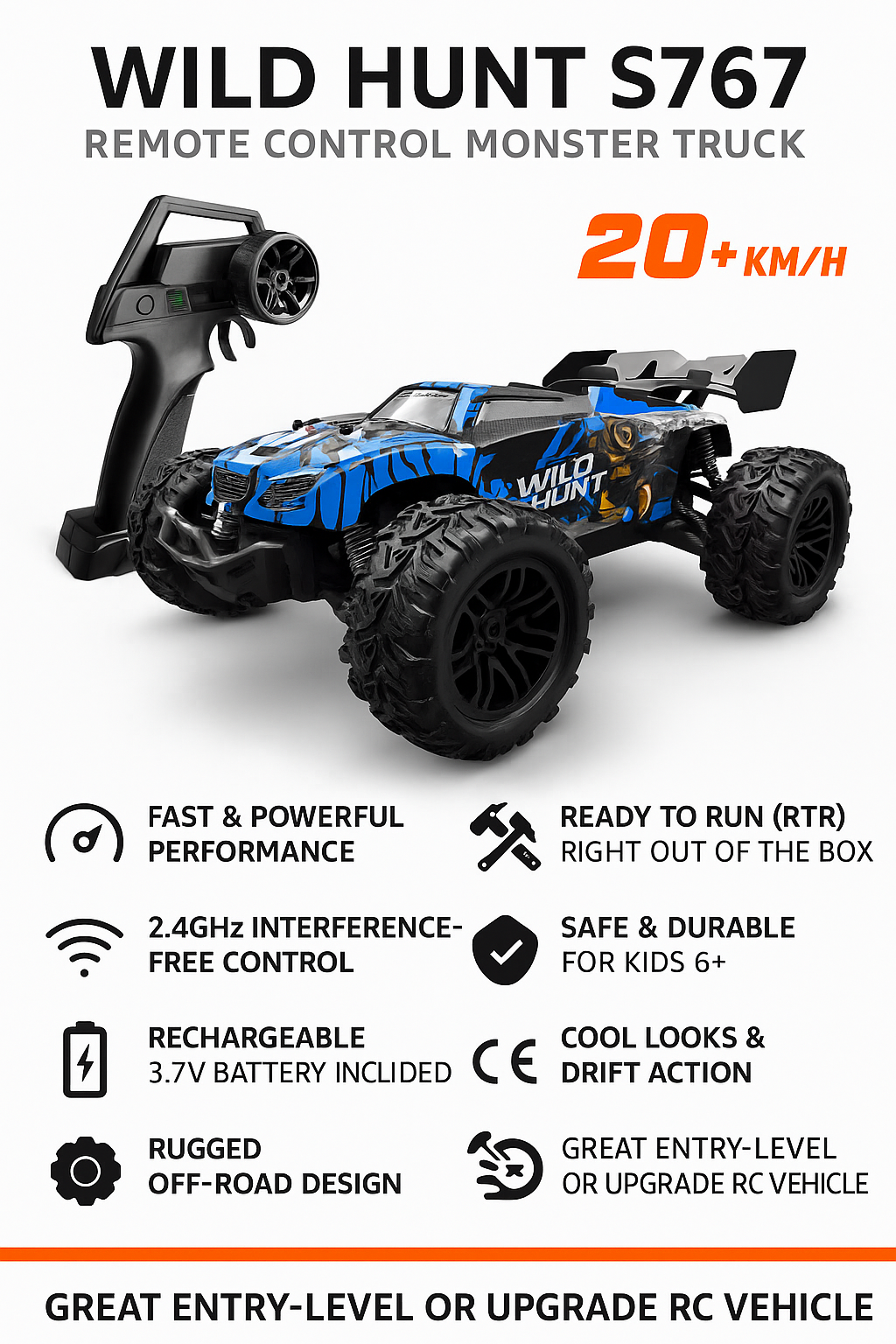 Wild Hunt RC Monster Truck 1:20 Scale - Remote Control Car 20km/h -  Blue/Black