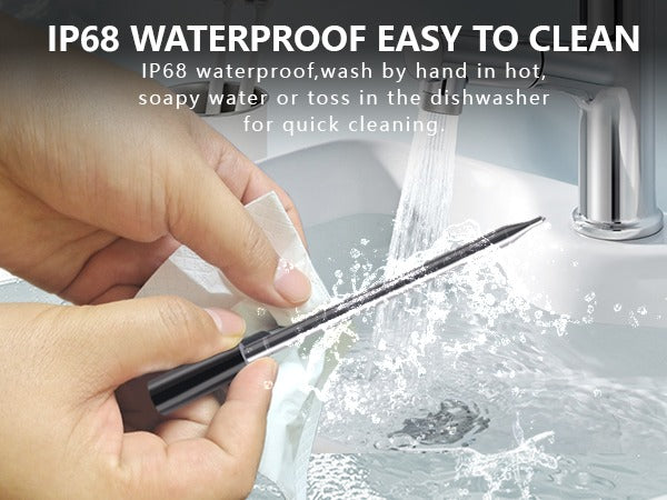 Person cleaning a metallic object with water, with text about IP68 waterproof and easy cleaning.