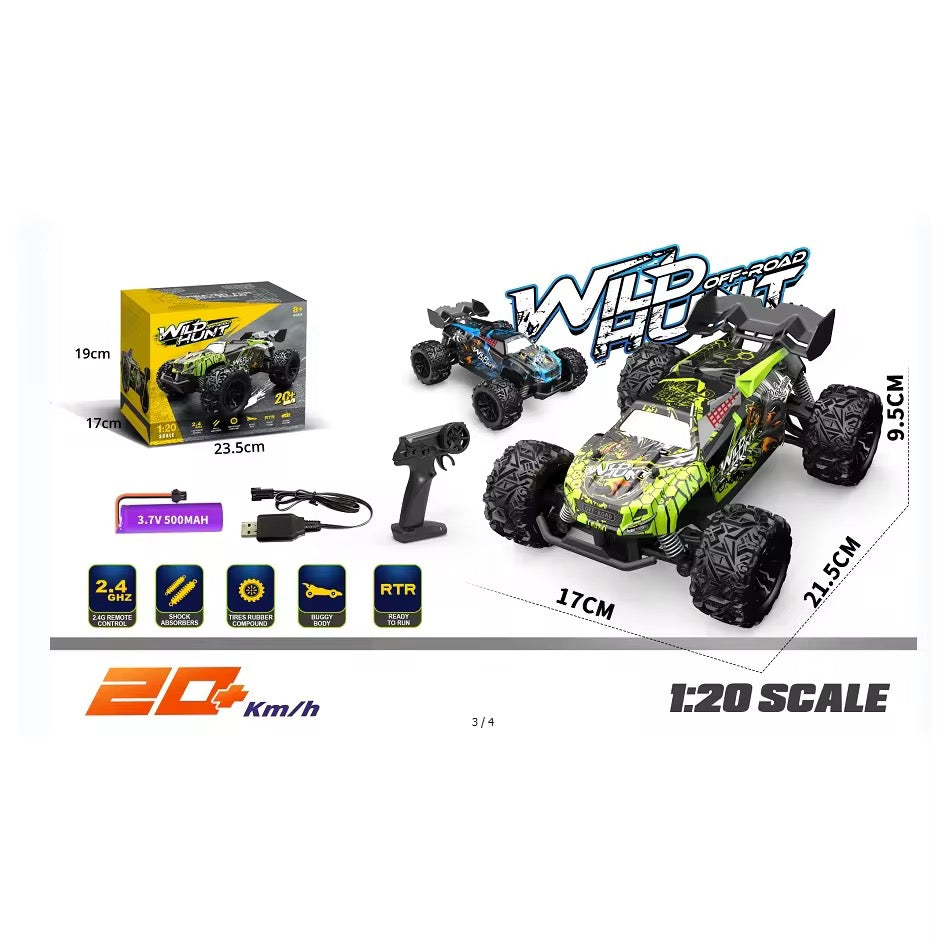Wild Hunt RC Monster Truck 1:20 Scale - Remote Control Car 20km/h - Green/Black
