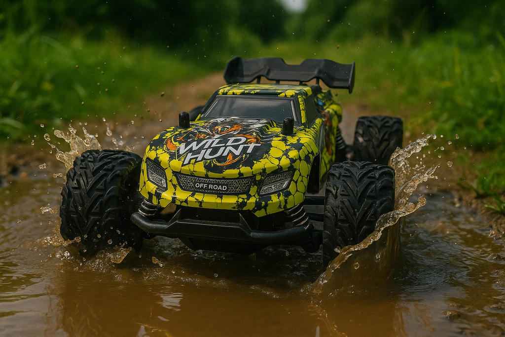 Yellow and black remote control truck splashing through water on a grassy background