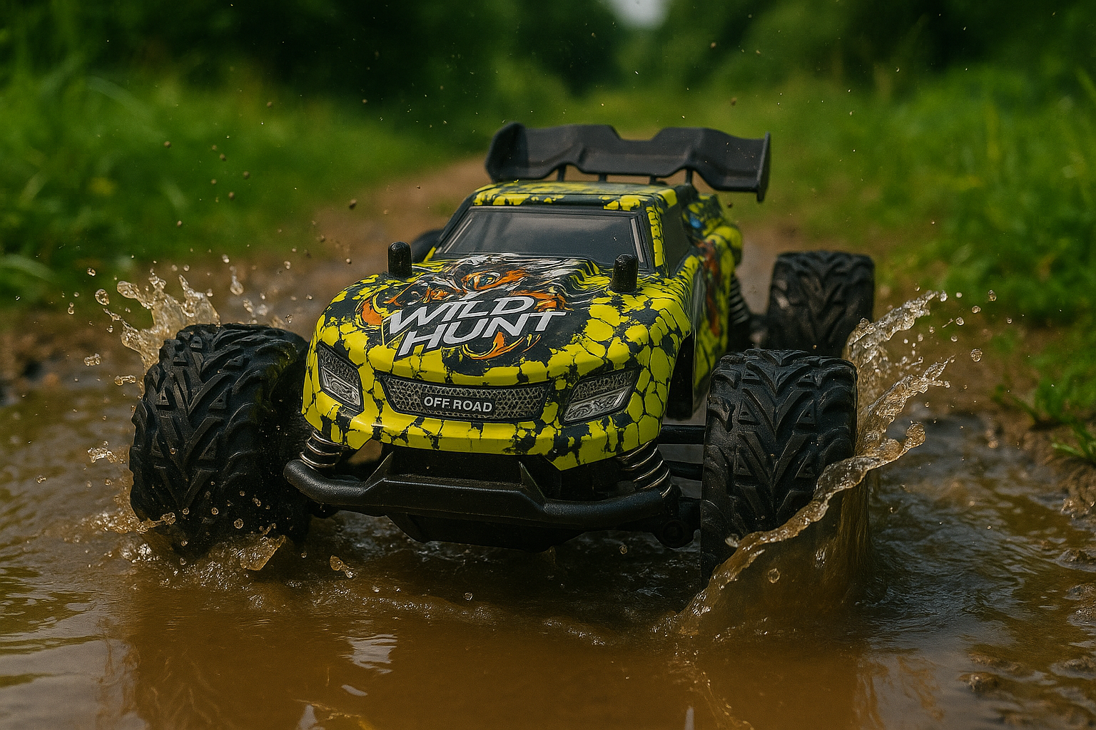 Yellow and black remote control truck splashing through water on a grassy background