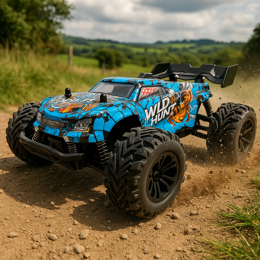 Blue remote control monster truck on a dirt road with a scenic background
