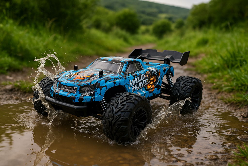 Blue monster truck with 'Wild Hunt' branding driving through water in a natural setting