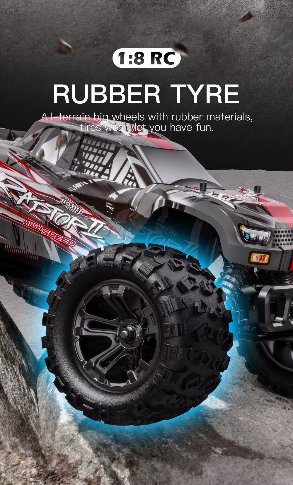 1:8 RC toy truck with rubber tyres on a dynamic background