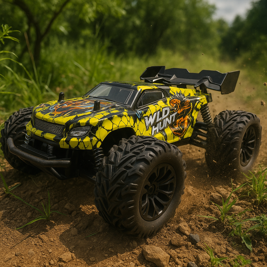 Toy monster truck with 'Wild Hunt' design on a dirt path