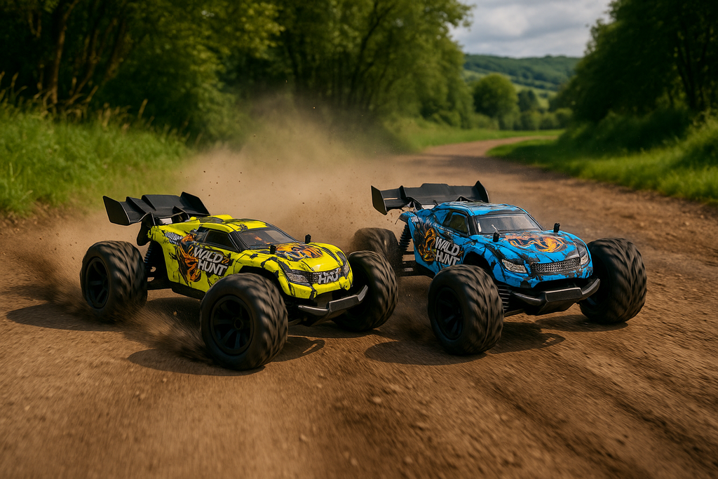 Two remote-controlled monster trucks racing on a dirt road with greenery in the background.