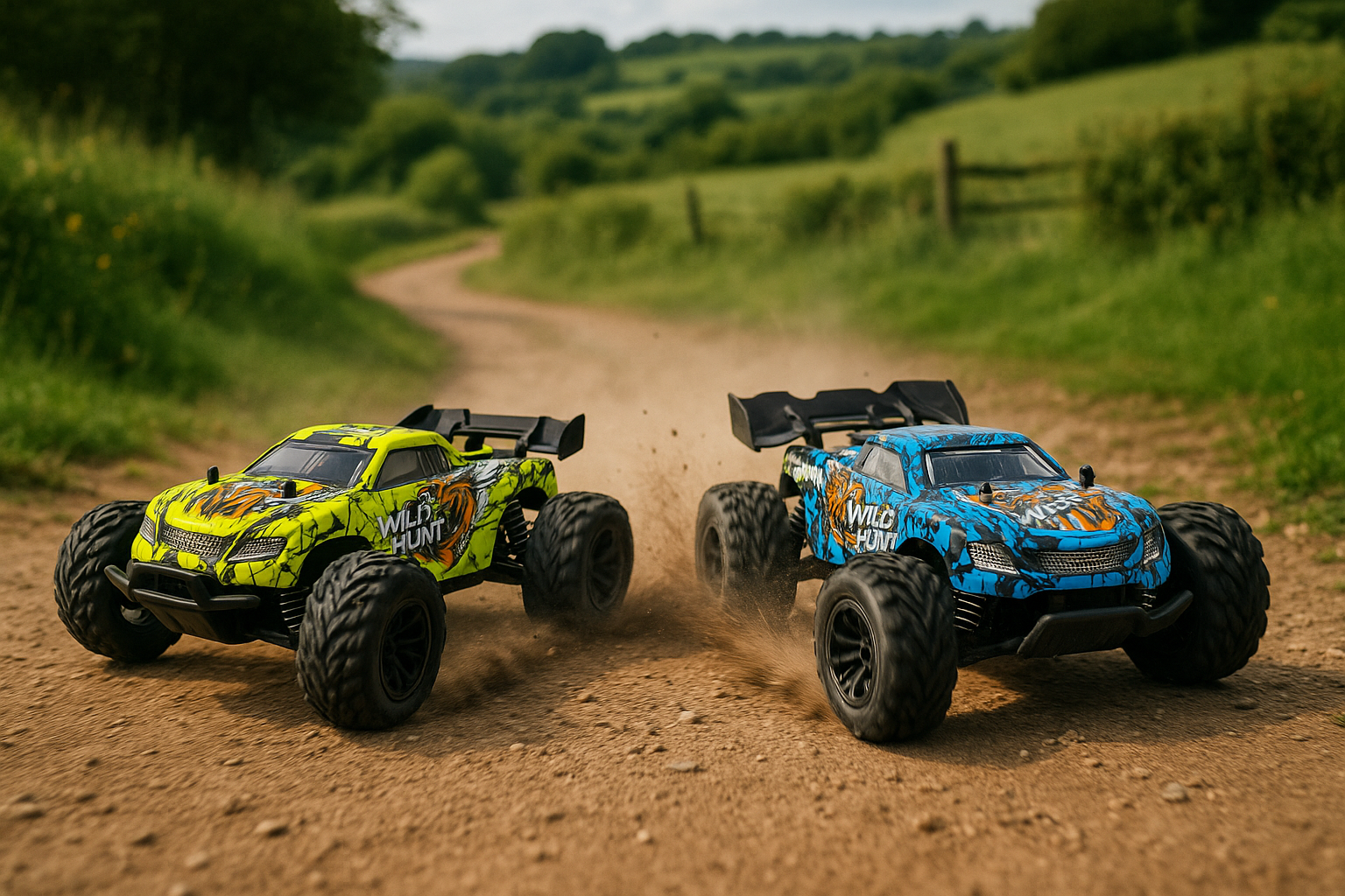 Two remote-controlled monster trucks racing on a dirt path in a natural setting.