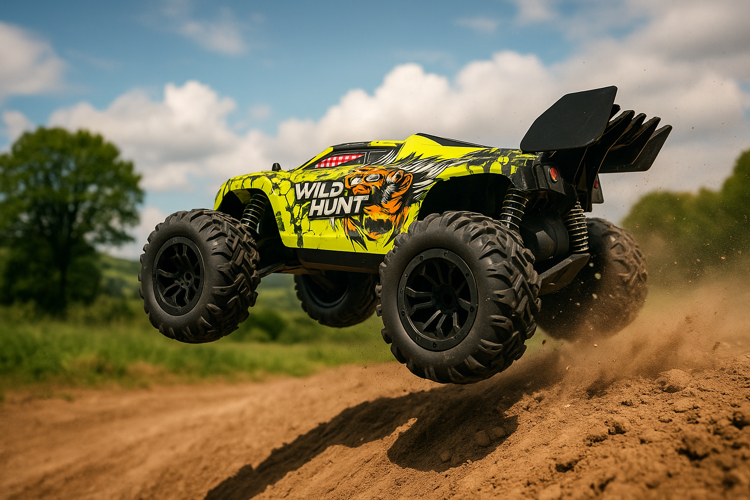 Toy monster truck with 'Wild Hunt' design on a dirt track