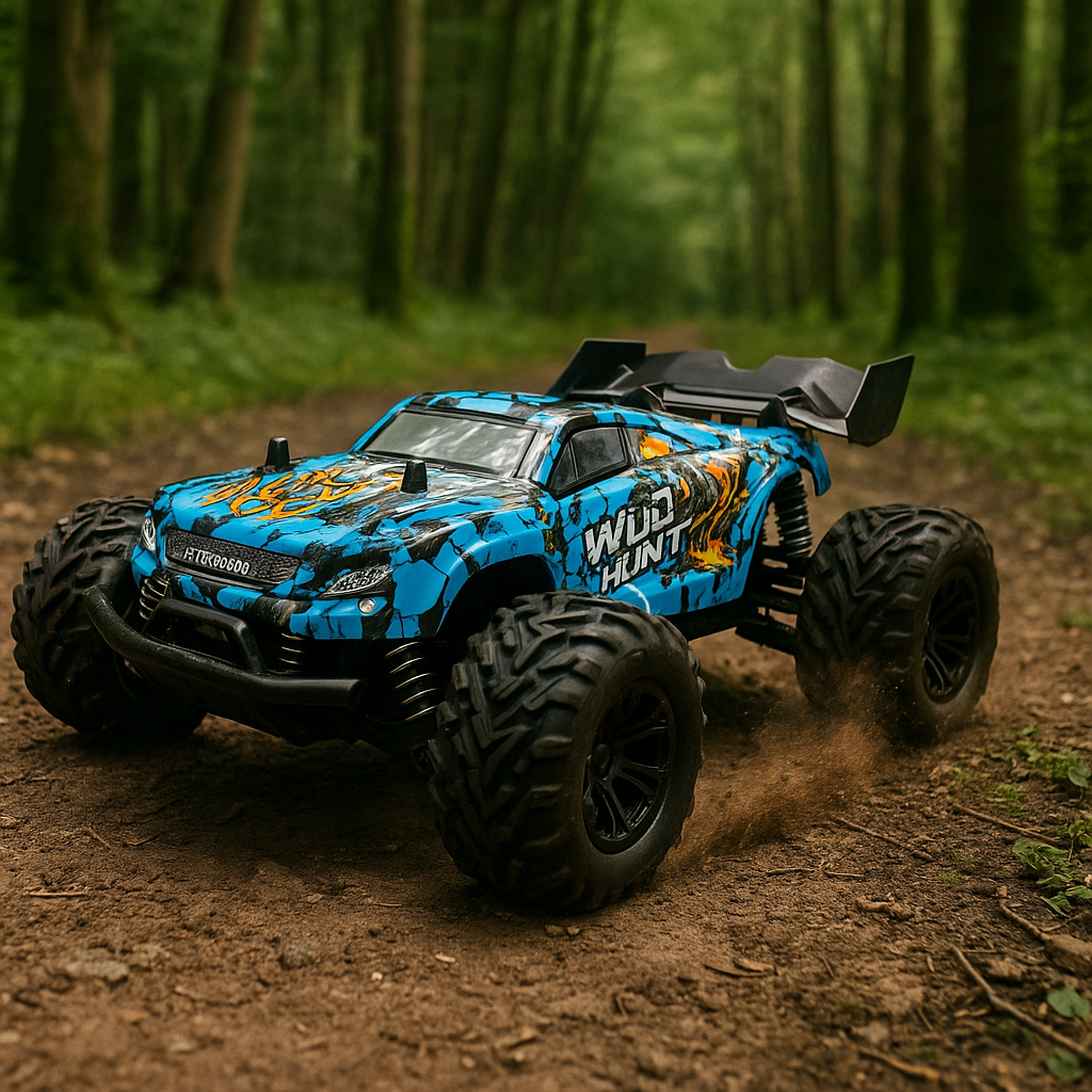 Blue monster truck with 'Wild Hunt' branding on a dirt path in a forest